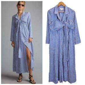 Anthropologie Porridge Blue White Striped Maxi Dress Tie Front Button Down M
